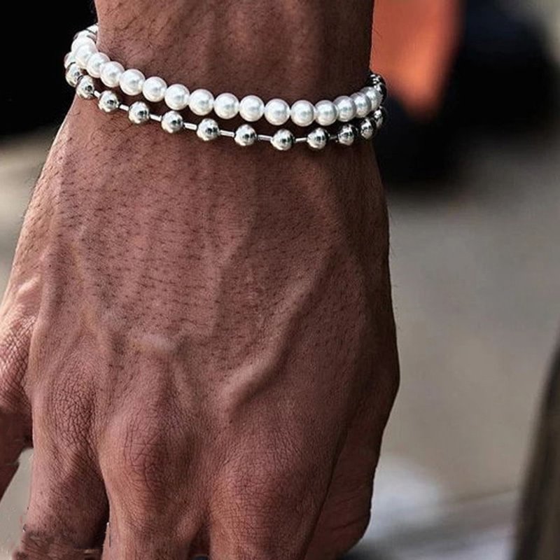 5MM Bead Link&6MM Pearl Bracelet Set for Men-VESSFUL