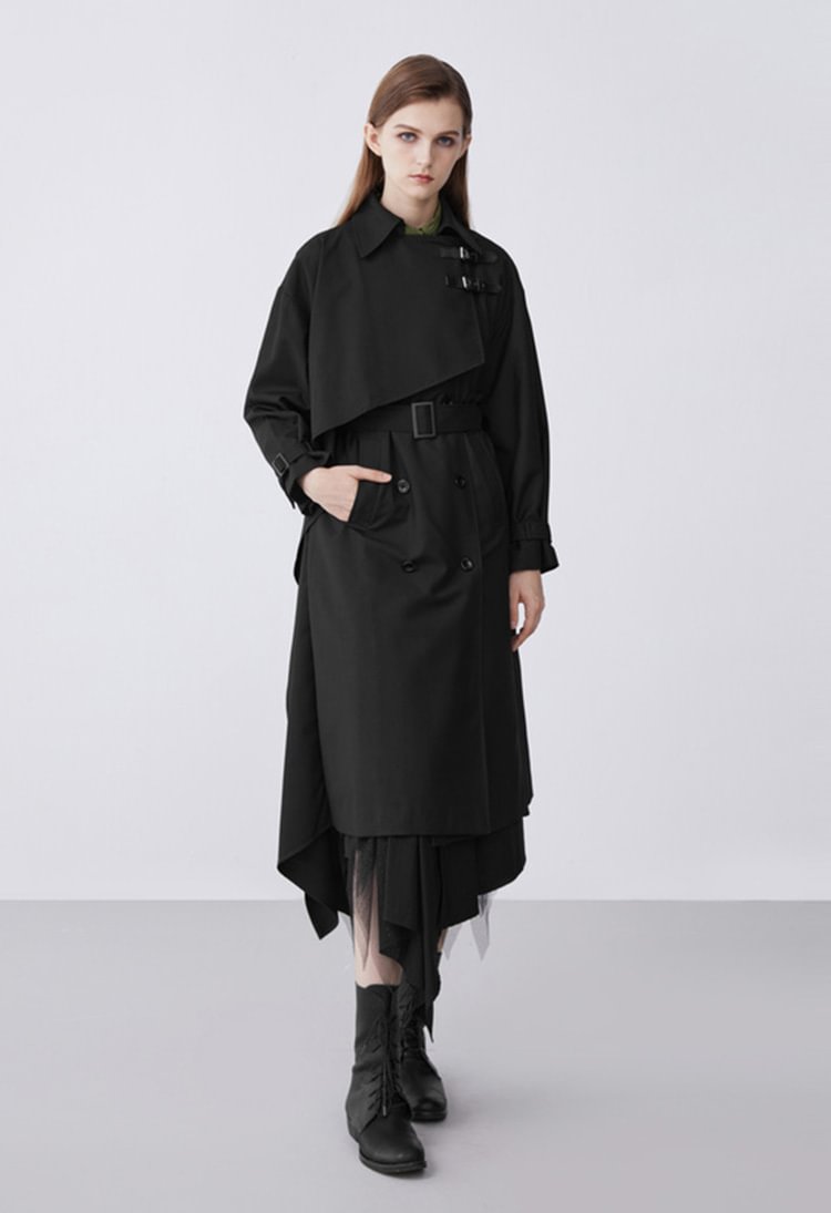 SDEER Casual lapel and receiving waist double-breasted long trench coat