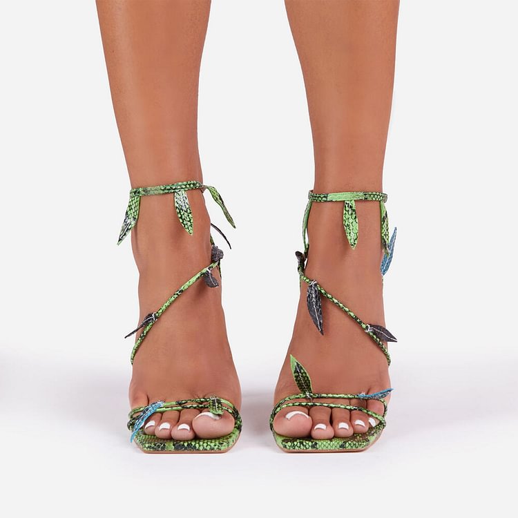 Women's Heels Large High-heeled Sandals Green Pink Black Leaf Knot Crystal Transparent Heel Thin Heel