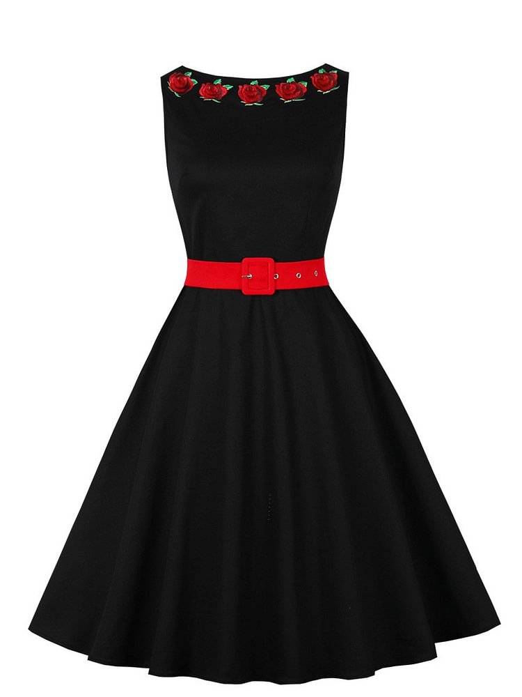 Mayoulove Women's 1950s Dress Sleeveless Embroidery Tie Waist Vintage Swing Dress-Mayoulove