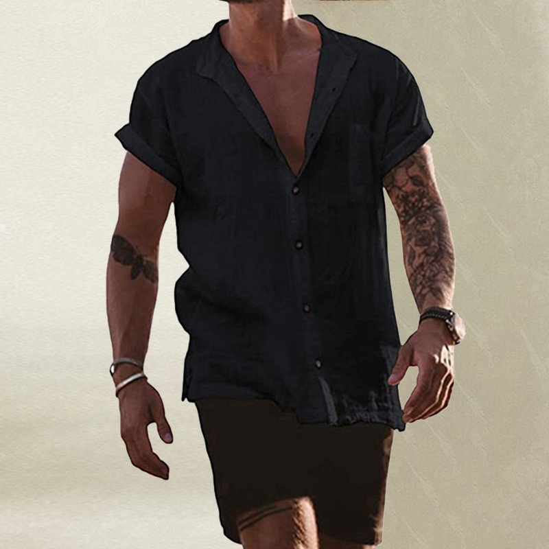 Solid Color Cotton Linen Tops Casual Short Sleeve Men Shirts-VESSFUL