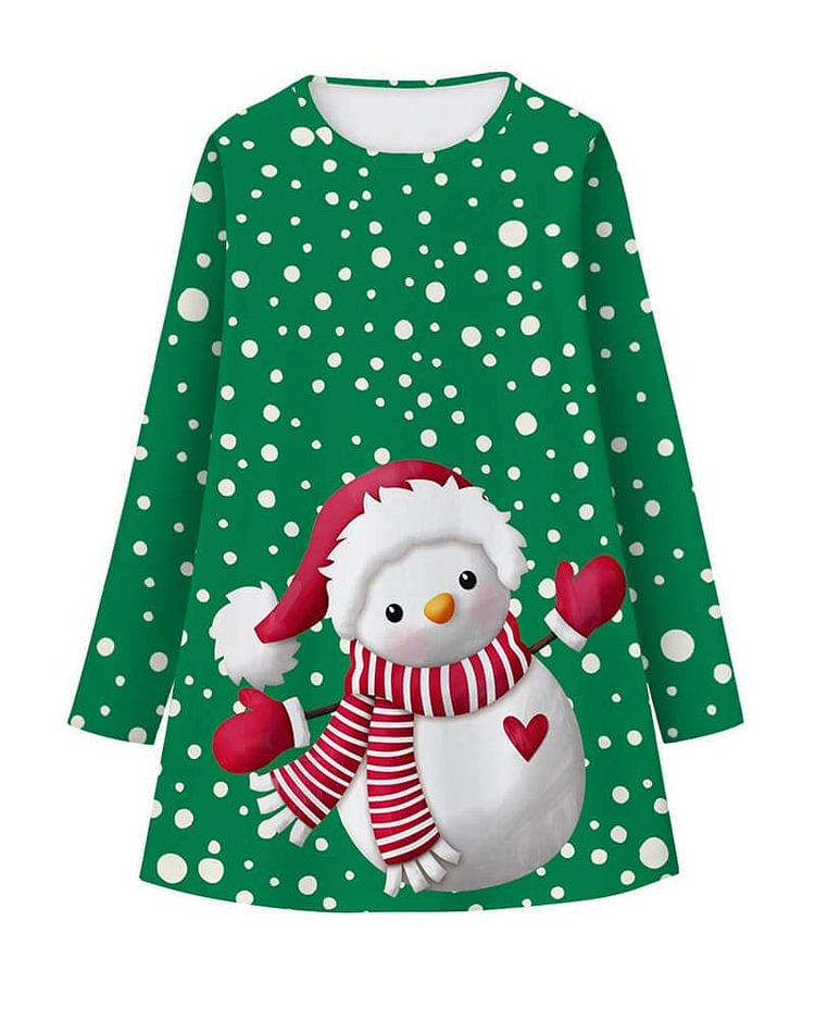 Mayoulove Lovely Snowman Print Girls Green Christmas Long Sleeve Dress-Mayoulove