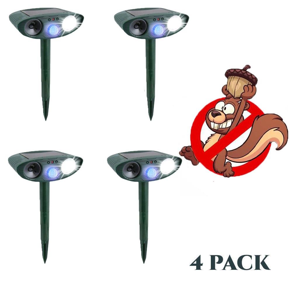 Ultrasonic Squirrel Repeller - PACK of 4 - Solar Powered - Get Rid of Squirrels in 48 Hours or It's FREE - vzzhome