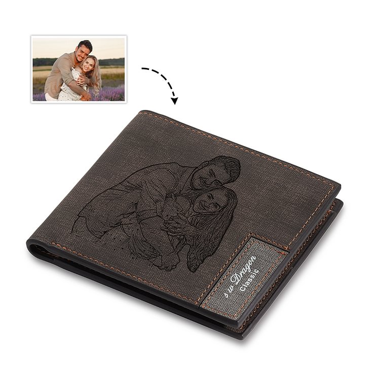 Custom Photo Engraved Wallet Short Style - Dark Coffee Leather