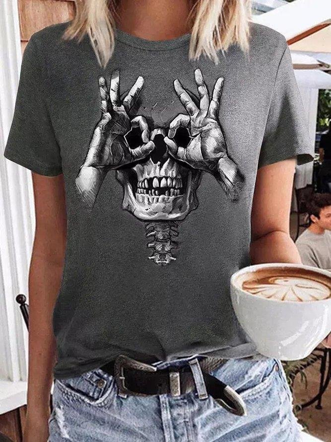 Casual and simple Halloween skull print round neck short-sleeved cotton T-shirt-Mayoulove