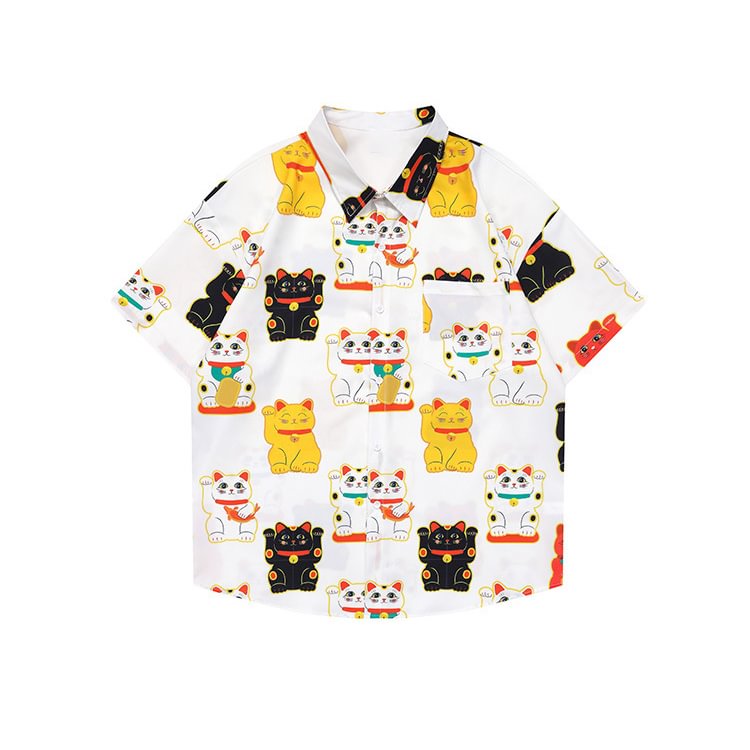 Lucky Cat Print Short-sleeved Shirt / Techwear Club / Techwear