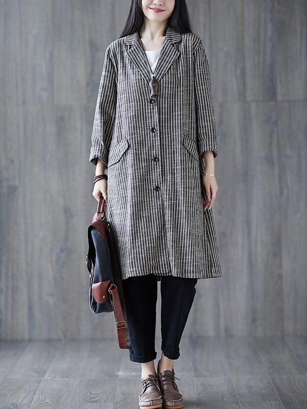 Cotton and linen striped mid-length long-sleeved trench coat-Mayoulove