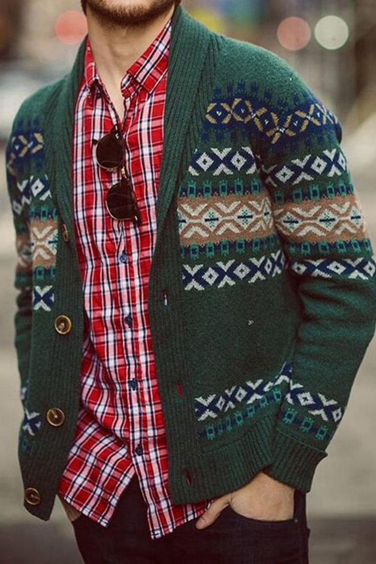 Tiboyz Men'S Knitted Jacquard Cardigan Sweater
