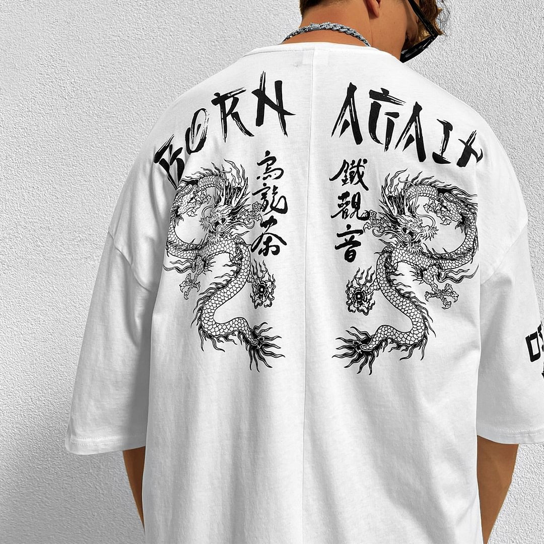 Men's Oversized Oriental Dragon Print T-Shirt / Techwear Club / Techwear