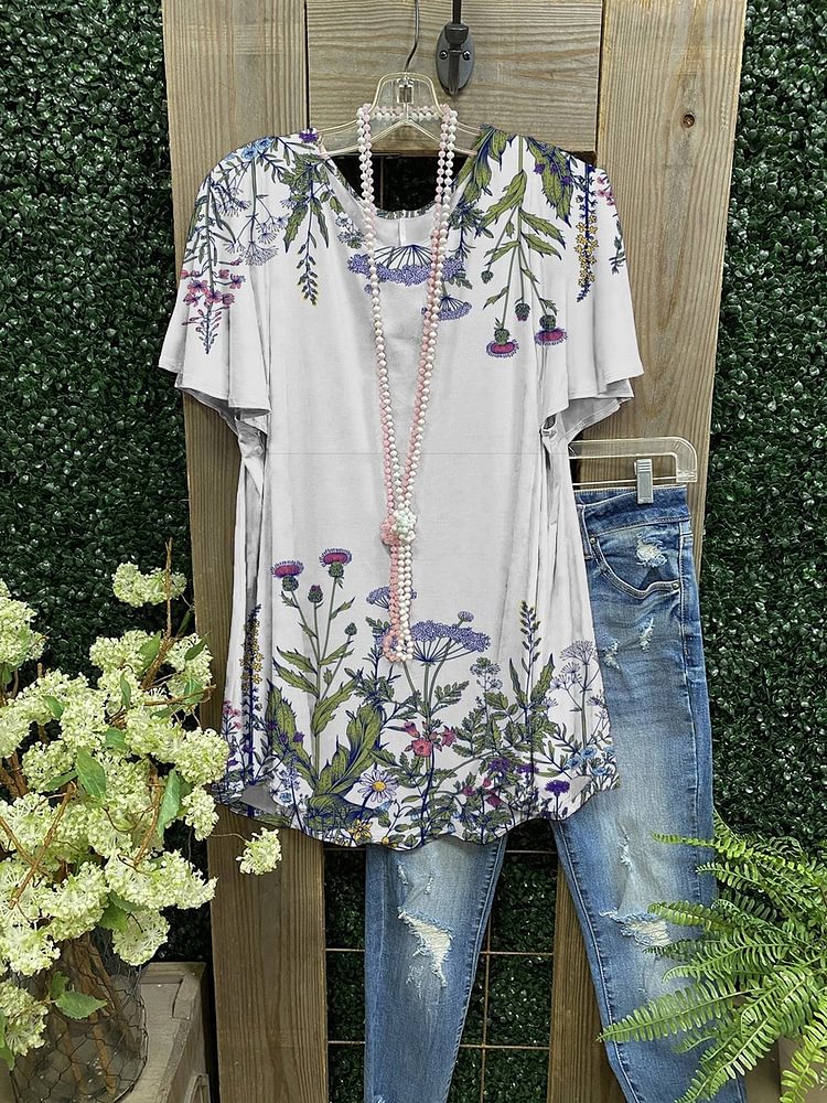 Floral print casual V-neck short sleeves-Mayoulove