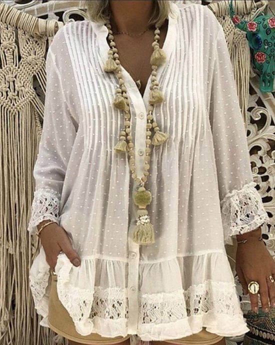 New Lace Paneled Long Sleeve Plus Size Top