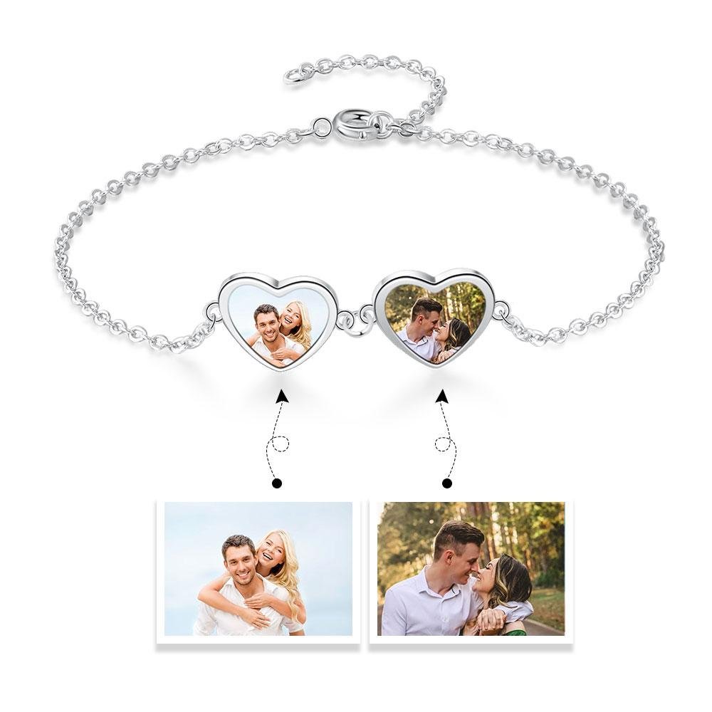 Personalized Photo Bracelet With Two Heart Pendant Engraved 2 Names