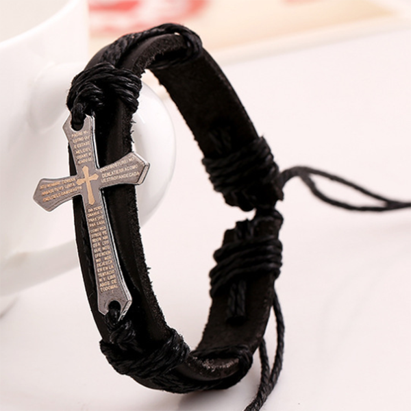Minnieskull Scripture Cross Cowhide Adjustable Woven Bracelet - Minnieskull