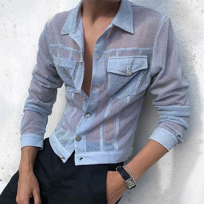 Solid Transparent Long Sleeve Streetwear Sexy Shiny Casual Men's Shirts-VESSFUL