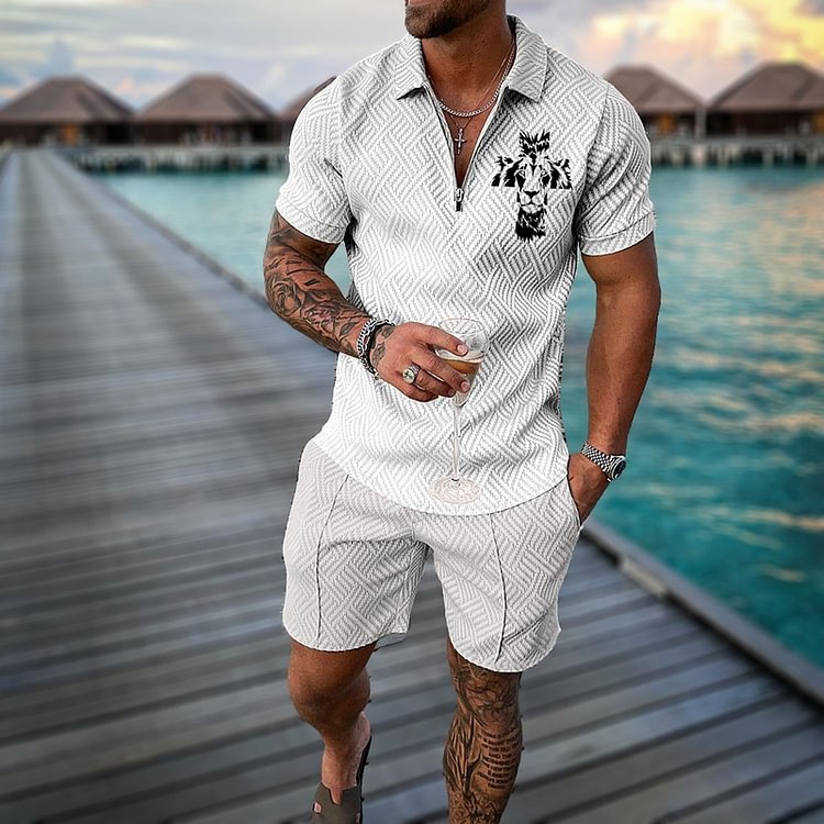 BrosWear Leisure Cross Lion Polo Shirt And Shorts Two Piece Set