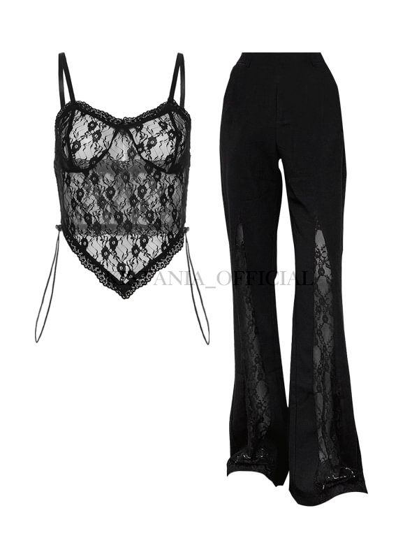 Lace Off Shoulder Laciness Slim Spaghetti + Street Lace Panel Flare 2-piece Sets
