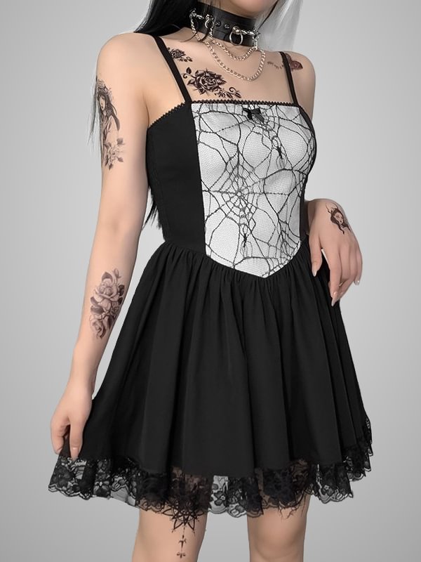 Gothic Dark Lolita Style Web Bowknot Color-block Lace Paneled Tight Waist Spaghetti Dress