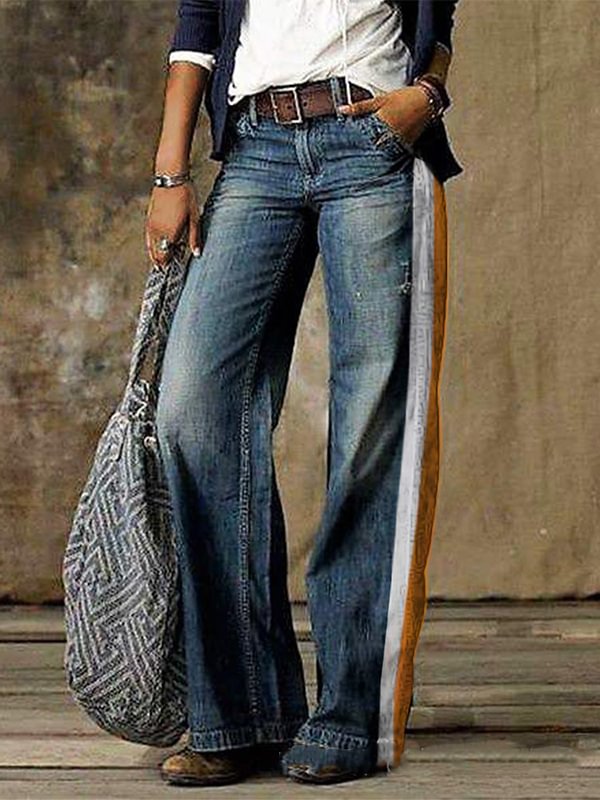 Jeans Striped Stitching Denim Trousers