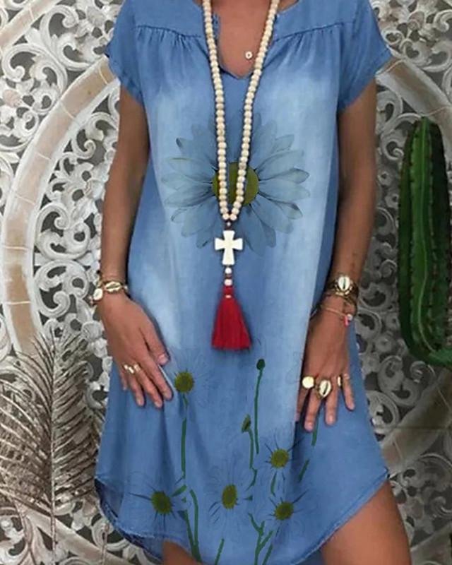 Women's Denim Dress Knee Length Dress - Short Sleeve Floral Print Summer V Neck Casual Loose Blue M L XL XXL 3XL-Corachic