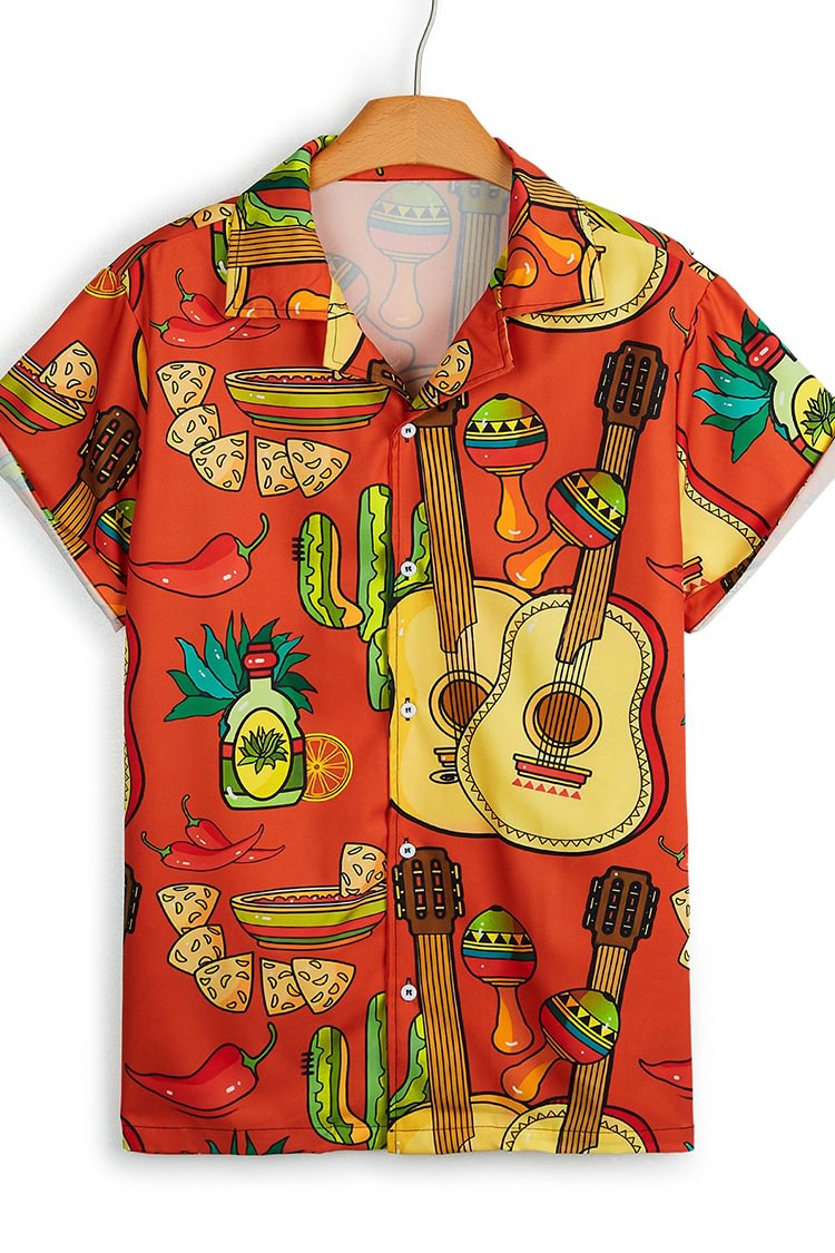 Tiboyz Men's Resort Guitar Pattern Short Sleeve Shirt
