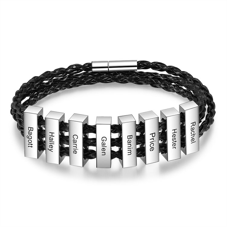 Men's Braided Leather Three-Layer Bracelet With 8 Names Engraved