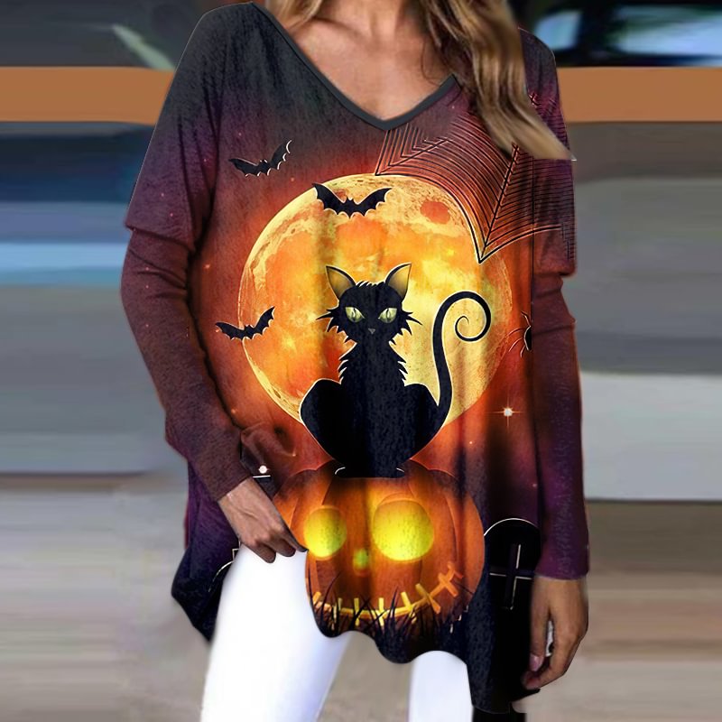 Halloween Day Black Cat Print Classic Patterns Blouse