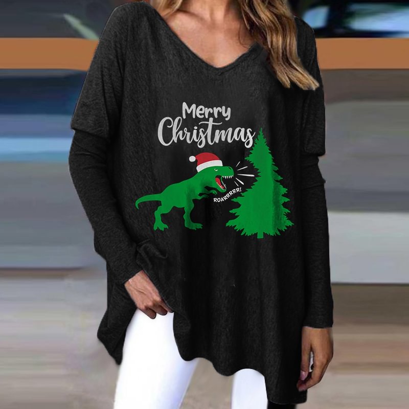 Merry Christmas Dinosaur Roaring Print Long Sleeve Tee
