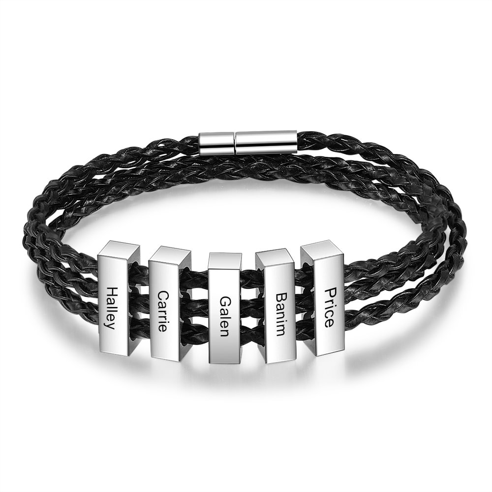 Men's Braided Leather Three-Layer Bracelet With 5 Names Engraved