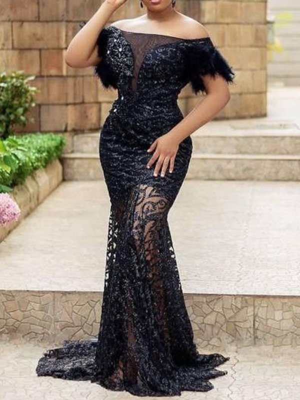 Sexy Slim Off-The-Shoulder Lace Empire See-Through Wrap Evening Maxi Dress