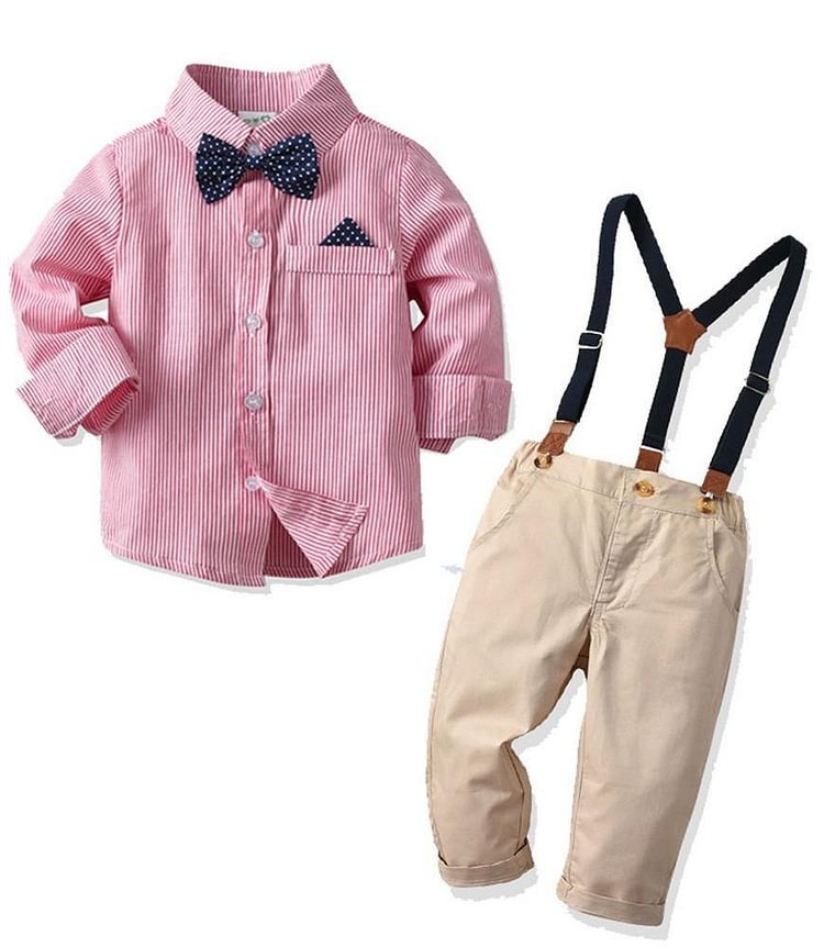 Boys Outfit Set Pink Cotton Shirt With Bow Tie N Khaki Suspender Pants-Mayoulove