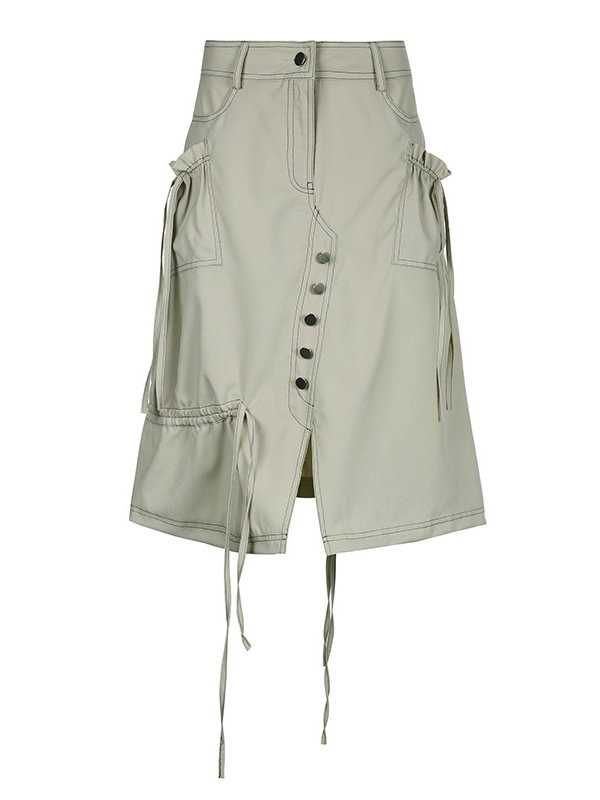 Gathered Split Pockets Buttoned A-line Skirt