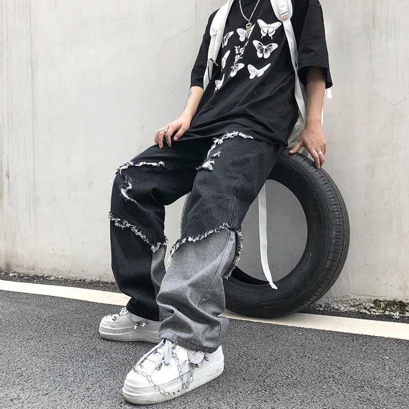 High Street Harajuku Style Loose Raw Edge Jeans / Techwear Club / Techwear