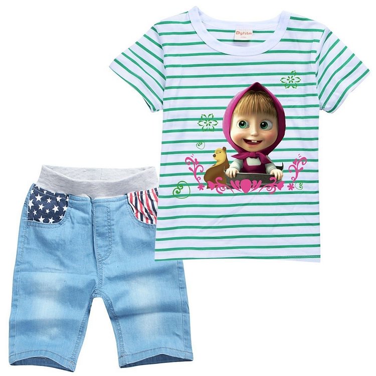 Girls Striped Masha And The Bear Print Kids T Shirt Denim Shorts Suit-Mayoulove