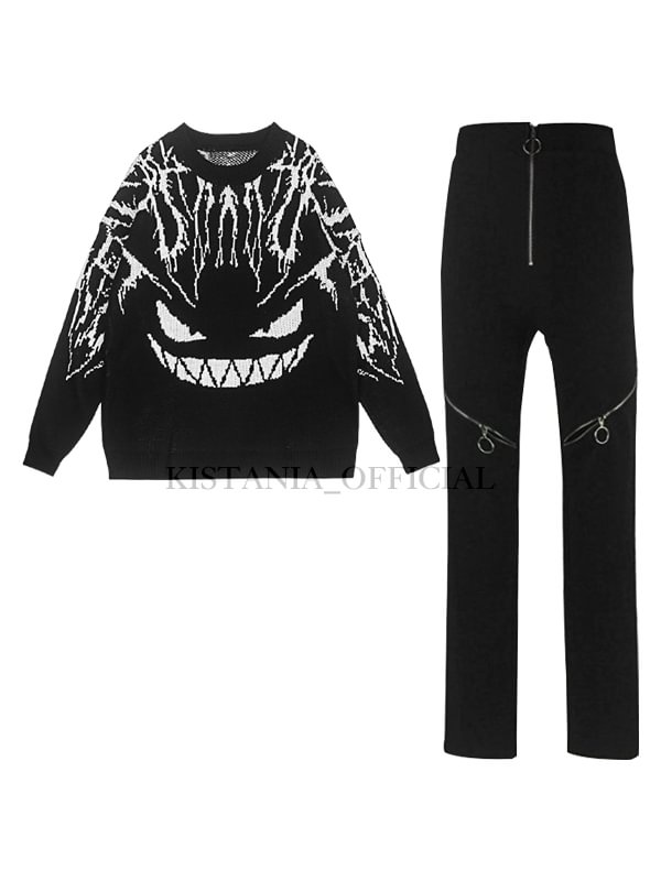 Unisex Dark Gothic Devil Round Neck Sweater + High Waist Zipper Pants 2 Pieces Sets