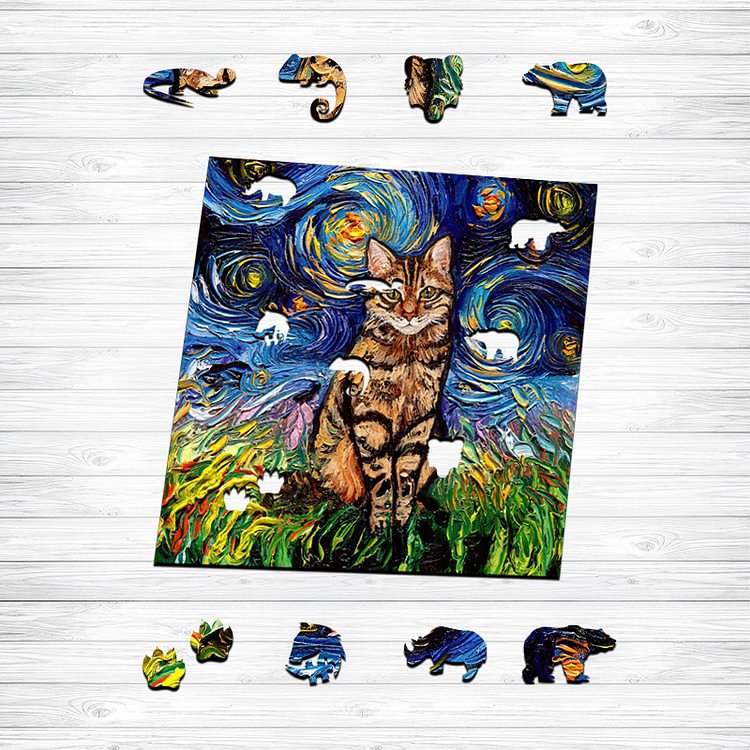 Van Gogh Starry Sky - Ocelot Cat Wooden Puzzle