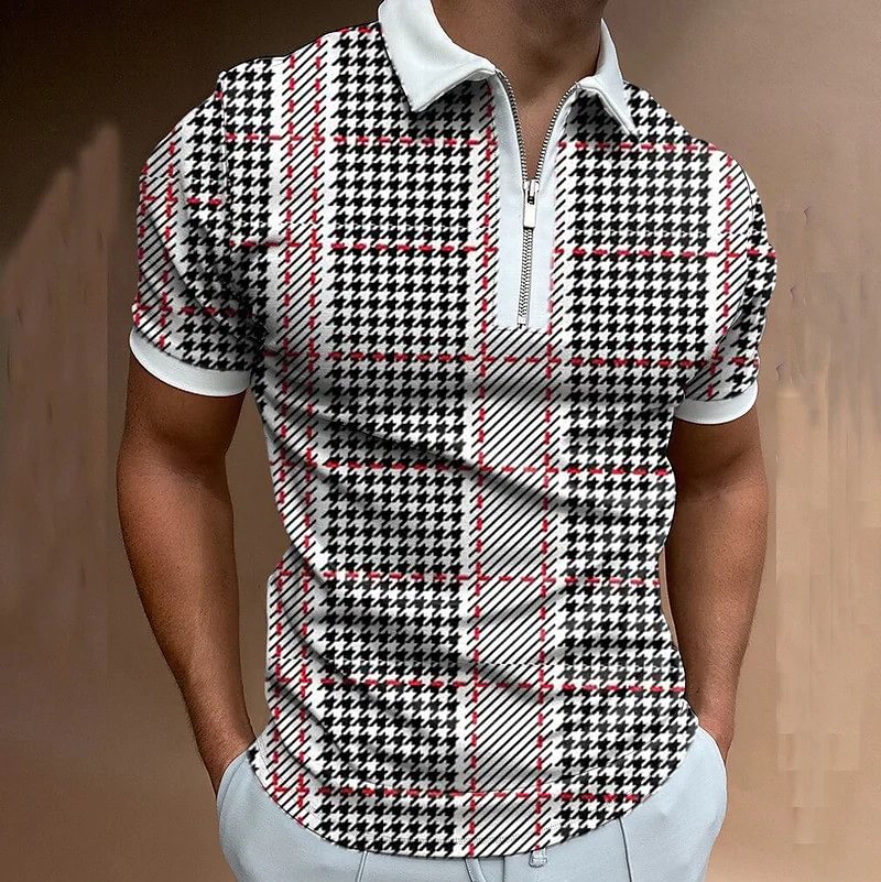 Houndstooth Print Zipper Short Sleeve Summer Men's Polo Shirts-VESSFUL
