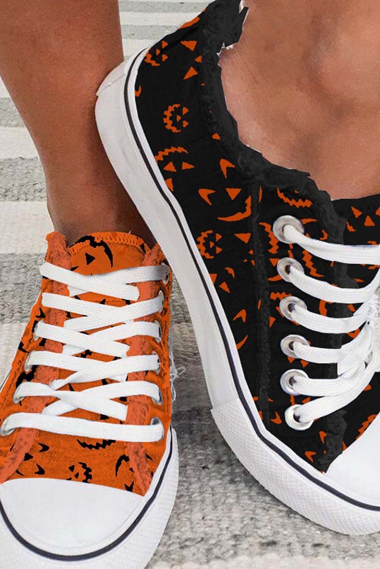 Women's Halloween Pumpkin Bat Canvas Slip on Lace-up Frayed Raw Low Top Shoes