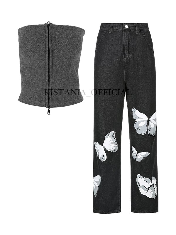 Trendy Ribbing Front Zipper Tube Top + Butterfly Printed High Rise Straight Loose Pants 2-piece Sets