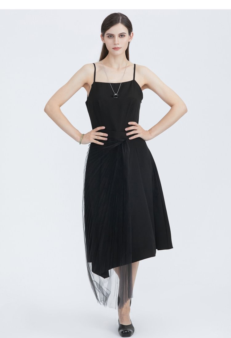 SDEER Casual mesh stitching black suspender dress