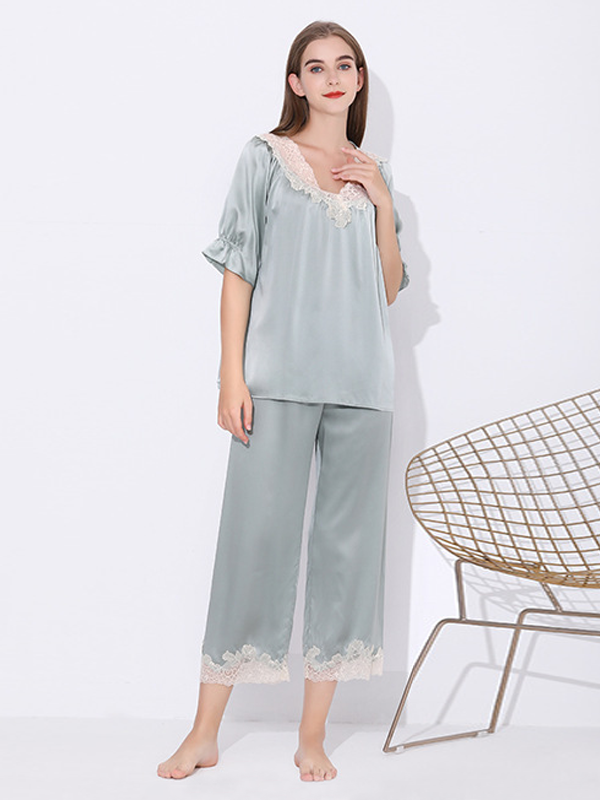 22 Momme High Quality Vintage Romantique Collection Lacey Silk Pajamas Set Blue