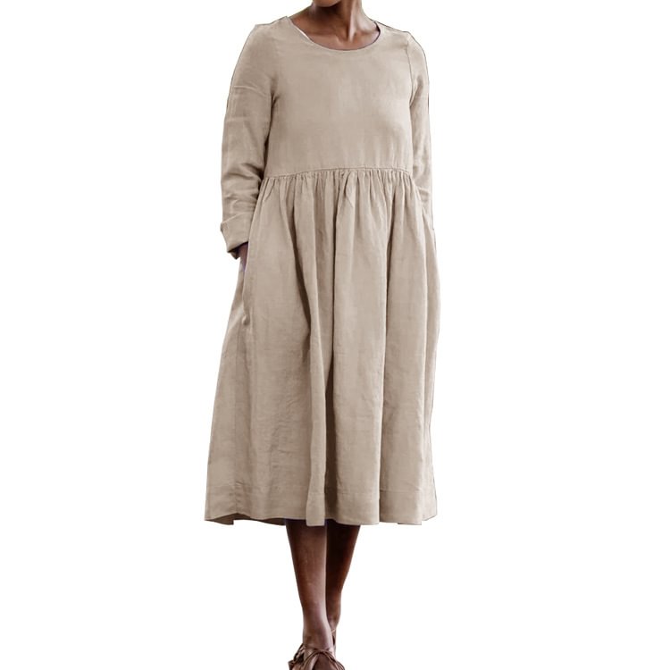 Women's solid color cotton and linen long sleeve dress