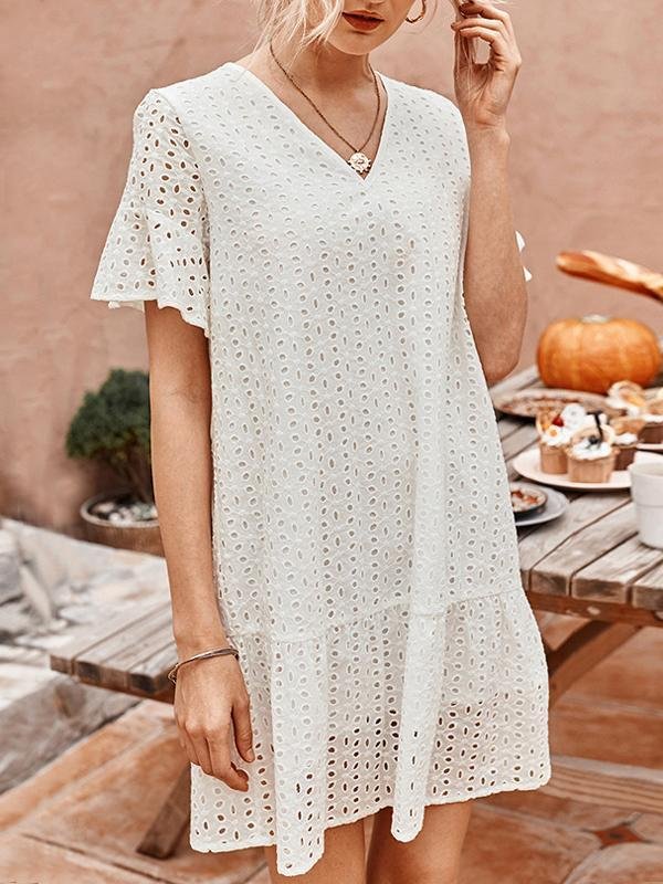 Casual V Neck Hollow Out Short Dress-Mayoulove