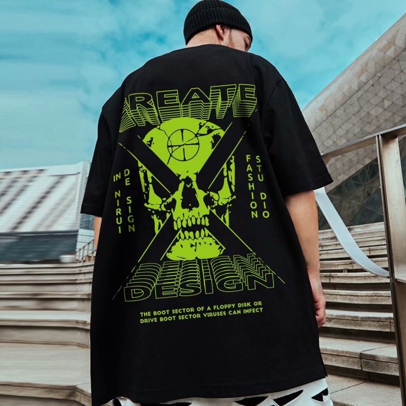 Harajuku Green Skull Printed T-shirt / Techwear Club / Techwear
