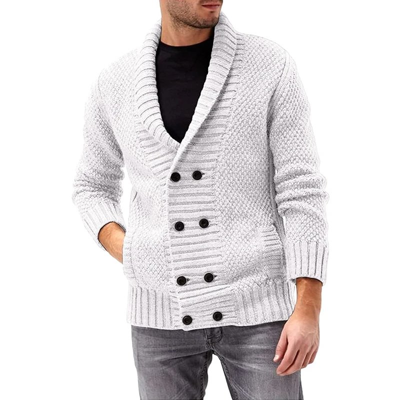 Men's Solid Color Lapel Double-breasted Long Sleeve Knitted Coat-Corachic