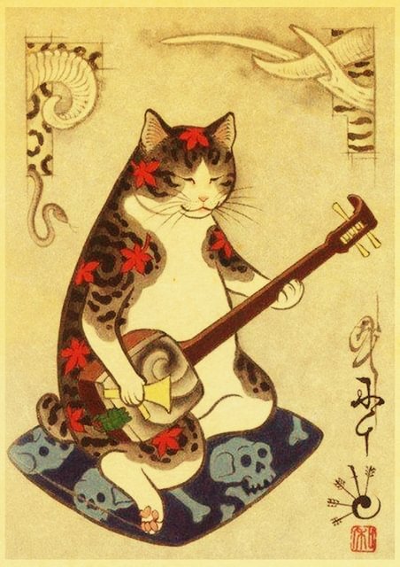 Samurai Tattoo Cat Vintage Poster 40x50cm(Canvas) Full Round Drill Diamond Painting  gbfke