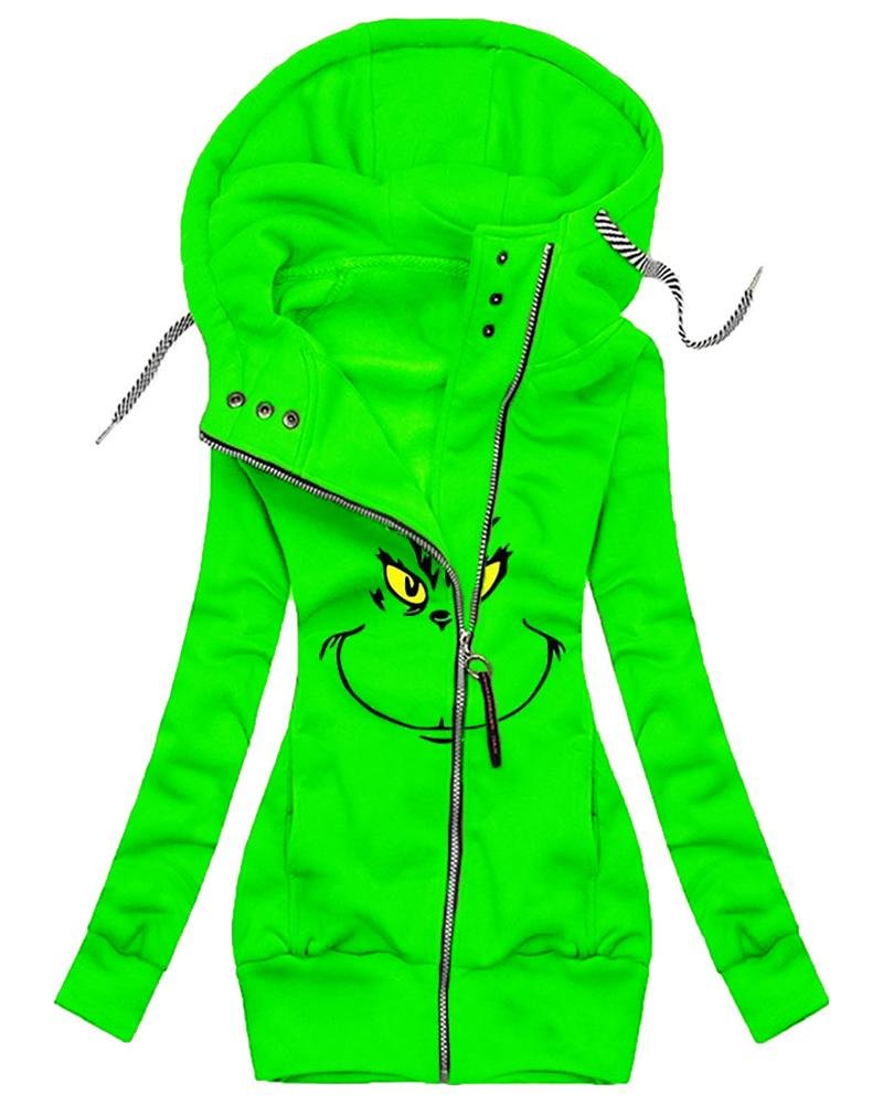 Green Grinch Zipper Casual Hoodies