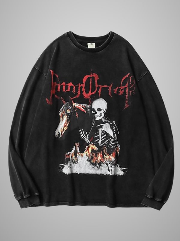 Gothic Dark Punk Style Statement Washed Skull Horse Letter Printed Crew Collar Long Sleeve Oversize Sweatshirt