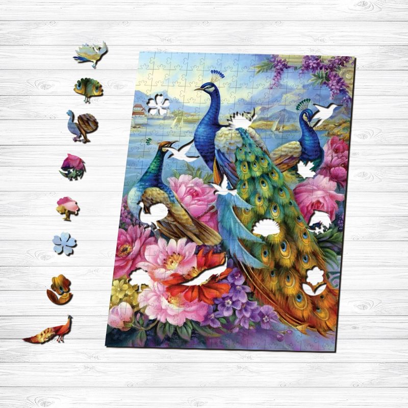 JEFFPUZZLE™-JEFFPUZZLE™ Peonies and Peacocks Wooden Puzzle