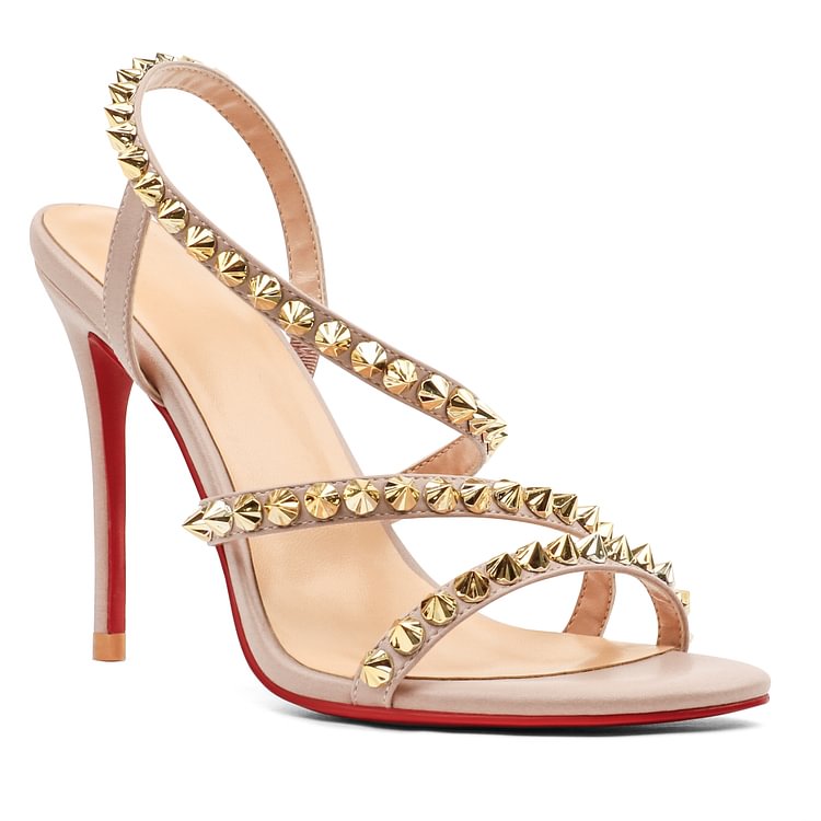 100mm Cross Heel Elastic Strap Gold Studs Red Bottoms Party Stiletto Sandals Pumps
