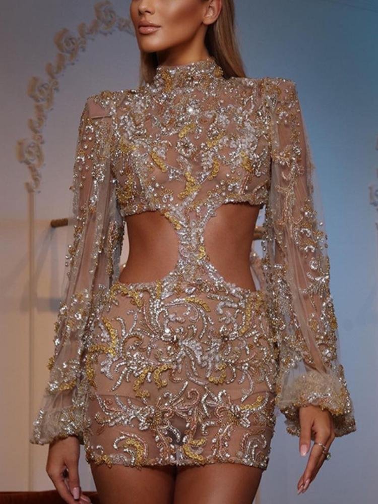 Mock neck waist hollow see-through mesh gorgeous sequin mini evening dress